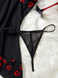 Hot Red Lips Lace Contrasting Sexy Babydoll Dress Mesh Slimming Erotic Lingerie With Thongs Sex Night Costumes