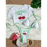 XS -XL Cherry Printed Short Sleeve Bikini Female Swimsuit Women Swimwear Three-pieces Bikini set Bather Bathing Suit Swim V6854
