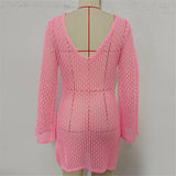 V Neck Long Sleeve Hollow Out Crochet Knitted Tunic Beach Cover Up Cover-ups Beach Dress Beach Wear Beachwear Female Women V7643