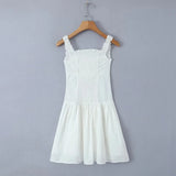 Foridol Bowknot Smocked White Short Dress Women Summer Cotton Mini Sleeveless Tank Sundress Beach Chic Buttons Dress for Petite
