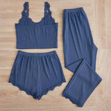 3PCS Pajamas Set for Women Sleepwear Solid Vest Shorts and Pants Paired with Lace Splicing for Homewear Loungewear