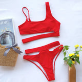 Bikini 2026 Sexy Swimwear Swimsuit Women Solid Hollow High Waist Red Bikinis Set Bathing Suit Beach Bikini Trajes De Bano Mujer