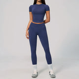 2PCS Women's Tracksuit Seamless Yoga Set Short Sleeve O Neck Workout T Shirts Fitness Suit Tight Hip Lifting Leggings Gym Sets