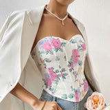 Summer Women Floral Y2K Crop Tops Printed Sleeveless Fishbone Corset Woman Sexy Backless Slim Strapless Streetwear Camisole
