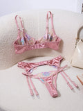 French Romantic Pink Satin Embroidered Lingerie Set Bra + Thong + Stockings Three-Piece Set