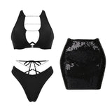 Chic Bandage Bikini With Shiny Short Skirt Women 3Pcs Swimsuit Sexy Cut Out Biquini Lady Swimwear Bathing Suit Female Beachwear