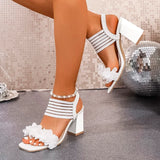 Fashion Flowers High Heel Sandals Women Summer Elastic Strap Slip On Thick Heeled Sandals Woman Plus Size Square Toe Party Shoes