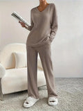 Autumn and Winter Casual V-neck Pocket Striped Knited Tops and Long Trousers Two-piece Sets, Women's Pajamas Set Sleepwear