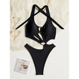 S - XL Asymmetric Halter Cut Out One Piece Swimsuit Women Swimwear Female Metal Ring High Leg Cut Bather Bathing Suit Swim K7065