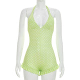 Women Halter Shorts Jumpsuits Summer Polka Dot Print V-Neck Backless Bodysuits Casual Sleeveless Rompers Club Streetwear