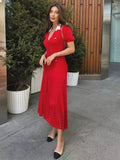 Foridol Red Knitted Polo Dress Autumn Winter Women Dress Casual Elegant Maxi A-line Hollow Out  Dress Slim Christmas Party