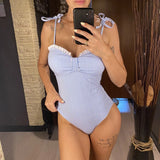 S - XL New Sexy Striped Frilled Strappy Women Swimwear One Piece Swimsuit Female Monokini Padded Bather Bathing Suit Swim V6949