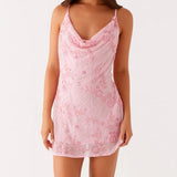 Women Summer Fashion Sleeveless Swing Collar Back Bandage Mini Dresses Flower Sequins Beaded Embroidery Cowl Neck Cami Dress