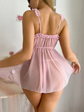 Women Pink Sweet Nightdress Sexy Lace Bow Adult Dress Babydoll Sex Sleepdress And Thongs Lingerie Sets Erotic Outfits For Night