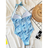 Printed Halter V Neck With Bra Cup One Piece Swimsuit Women Swimwear Female Monokini High Leg Cut Bather Bathing Suit Swim V5739