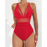 S - XL New Sexy Mesh Sheer V Neck Women Swimwear One Piece Swimsuit Female High Leg Cut Monokini Bather Bathing Suit Swim V5136