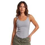Women's Solid Color Ribbed Tank Tops Stylish Sleeveless Camisole with Metal Buckle Straps and Curved Hemline