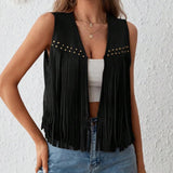 Suede Tassel Vest Women's 70s Hippie Outfit Sleeveless Open Front Vest Western Jacket