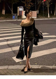 Sexy One Step Split PU Leather Half Skirt For Women's New High Waisted Slim Streetwear Black PU Fashion Womne Mini Dress  YTM8