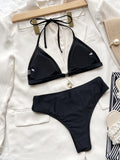2026 New Sexy Bikini Women Black Hollow Halter Swimwear Swimsuit Bikinis Set Bathing Suit Bikini Female Push Up Rhinestone Decor