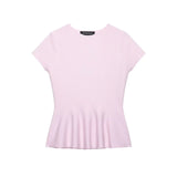 Women's Fashion Skirt Knit Top Women Pink Solid Color V Neck Short Sleeve Knit Top Hem Slim Fit Casual Elegant For Summer HFZN