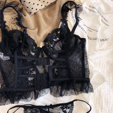 Women's French Lace Lingerie Set Sexy Ultra Thin See Through Bra & Thong Shaping Camisole Embroidery Underwear Set Hot Tushy P P