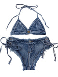 DEKA Brazilian Denim Bathing Suit Women Suits Bikini Set Lace Up Drawstring Beachwear Solid Summer Vintage Two-pieces Swimwear
