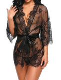 Women Sexy Lingerie Erotic Transparent V-Neck Nightwear Babydoll Robe G-string Costume Kimono Robe Lace Sleepwear Dress