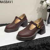 Ladies Retro Style High Heel Single Shoes for Women Platform Thick Heel Buckle Design Casual Loafers T-strap Leather shoes New