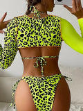 Leopard Halter Triangle Bikini 2026 Women Long Sleeve Swimsuit Sexy Swimwear Female Bathers Bathing Suit Swimming Beachwear