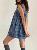 Summer Mini Plaid Print A line Dress for Women Sleeveless Ruffle Trim Square Neck Loose Fitting Cami Dress With Pocket