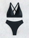 Solid Color Black Swimsuit for Women 2026 Summer High Waist 2-piece Bikini Set Beach Bathing Suit Bandage Vacation Swimwear