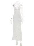 Ahagaga Sexy Women's Maxi Dresses Bodycon Slim Sheath Solid Lace Patchwork Backless Summer Beach Vacation Casual Vestidos Robes