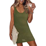 Summer Vest Beach Dresses Women Solid Color Hollow Out Knitted Beachwear Fashion Casual Lady Vacation Mini Dress Female 2025 New