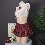 Toucheart Sexy Lingerie Suit for Women Lace Mesh See-through Lace Up Top Plaid Pleated Skirt Halter Women's Underwear Set New
