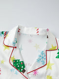 Women's Christmas Satin Pajama Set Long Sleeve Lapel Santa Claus/Christmas Tree Print Shirt Shorts Two Pieces Sleepwear