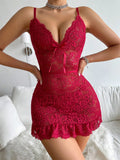 Lace Splicing Perspective Sexy Lingerie Set Erotic Crotchless Sleepwear Pajamas Set Lace Night Dress Nightgown G-string