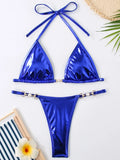 PU Leather Pearls Bikini Mini Micro Thong Bikinis Women Swimwear Female Swimsuit Two-piece Bikini Set Halter Bathing Suit Swim