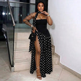 FDYOUI Elegant Bandage Polka Dot Patchwork Evening Dresses Women's 2026 Summer Off Shoulder High Slit Pleated Long Party Dress