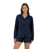 Women Fall 2 Piece Pajamas Set Solid Color Button up Long Sleeves Shirt and Elastic Shorts for Loungewear Soft Sleepwear
