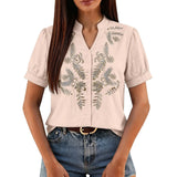 Women Floral Embroidery Puff Short Sleeve T Shirt Stand Collar V Neck Button Down Loose Solid Tees Summer Boho Casual Office Top