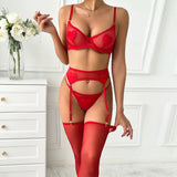 Toucheart Sexy Lingerie Undies Solid Color Mesh See-through Women's Garters Underwear Suit Sexy Stocking Underwear 5-piece Set