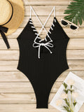 V Neck Wrinkled Ribbed Cross Backless One Piece Swimsuit Women Swimwear Female High Leg Cut Monokini Bather Bathing Suit Swim