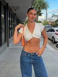 Ahagaga Sexy Women's Short T-Shirt 2026 Summer Y2K Tees V Neck Crop Tops Solid Slim Sheath Fashion Casual Outwear Beach Tops