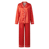 Women 2025 Two Pieces Pajamas Sets Long Sleeve Lapel Button Down Dot Tops with Drawstring Elastic Pants Fall Satin Sleepwear