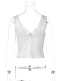 FDYOUI Women Lace Patchwork Backless Camisoles Tank Top 2026 Spring Summer Sexy V-neck Slim Crop Tops White Black Y2K Streetwear