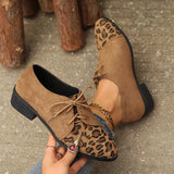 New Patchwork Loepord Pointed Toe Shoes for Women Retro Fax Suede Lacing Pumps Woman Shallow Square Heel Single Shoes Mujer