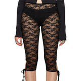 Women Lace Capri Leggings Flower See Through Low Rise Knee Length Tight Shorts with 3D Bows