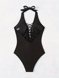 ZTVitality Sexy Solid Backless One Piece Swimsuit 2025 New Arrival Halter V Neck Padded Bra Swimwear Women Summer Bathing Suit