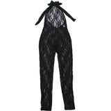 Women Halter Neck Lace Mesh Jumpsuit Sheer See Through Sleeveless Backless Bodycon Romper Y2K Clubwear Party Nightclub Outfit